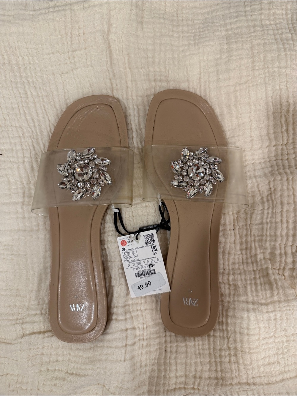 Zara Clear Slide Sandals with Crystal Embellishment - Tan